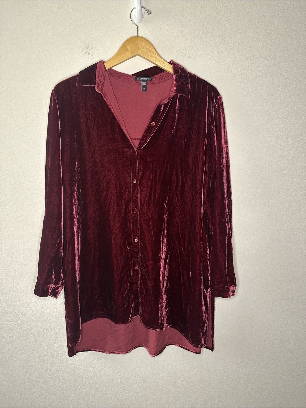 Eileen Fisher silk blend velvet tunic shirt wine maroon deep claret size large - Picture 6 of 7